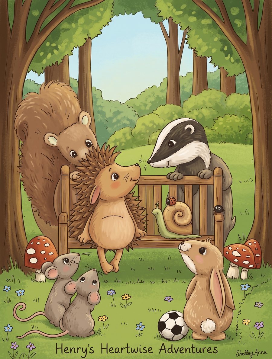 Henry sitting on the bench with his woodland friends